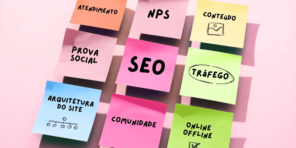 Post-its coloridos organizados em grade sobre fundo rosa com conceitos de marketing e e-commerce anotados à mão.