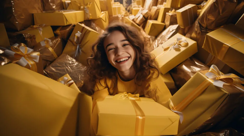 Mulher branca, com cabelo castanho, rodeada de pacotes amarelos enquanto sorri para câmera