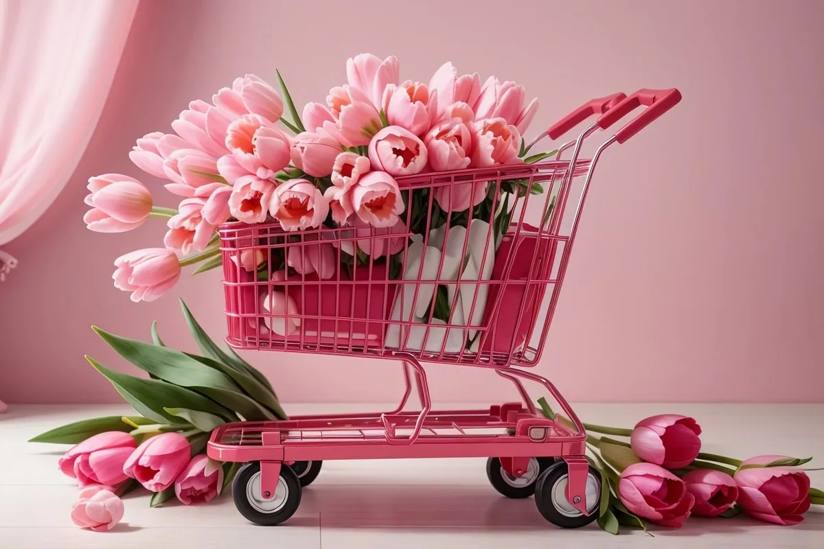 Carrinho de supermercado em miniatura pintado de rosa com várias rosas em cima