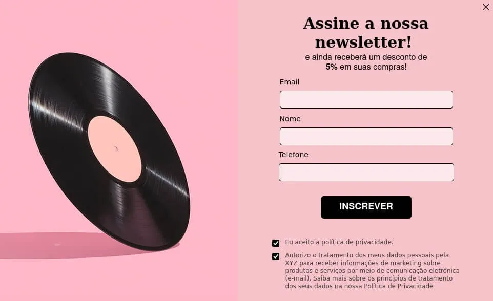 Pop-up de assinatura de newsletter, cor de rosa com disco de vinil no lado esquerdo