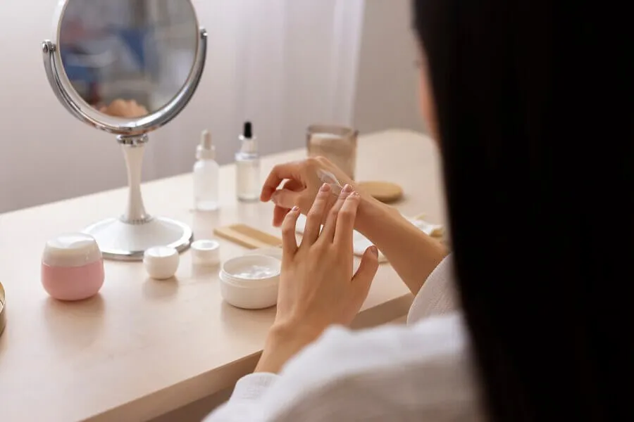 Mulher morena passando creme na mão em frente a um espelho e outros produtos de skincare