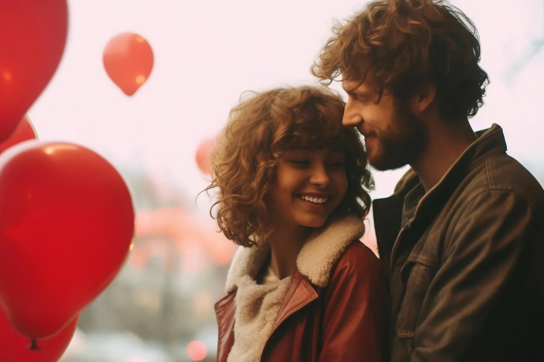 Homem e mulher se abrançando de frente para balões vermelhos, representando o dia dos namorados