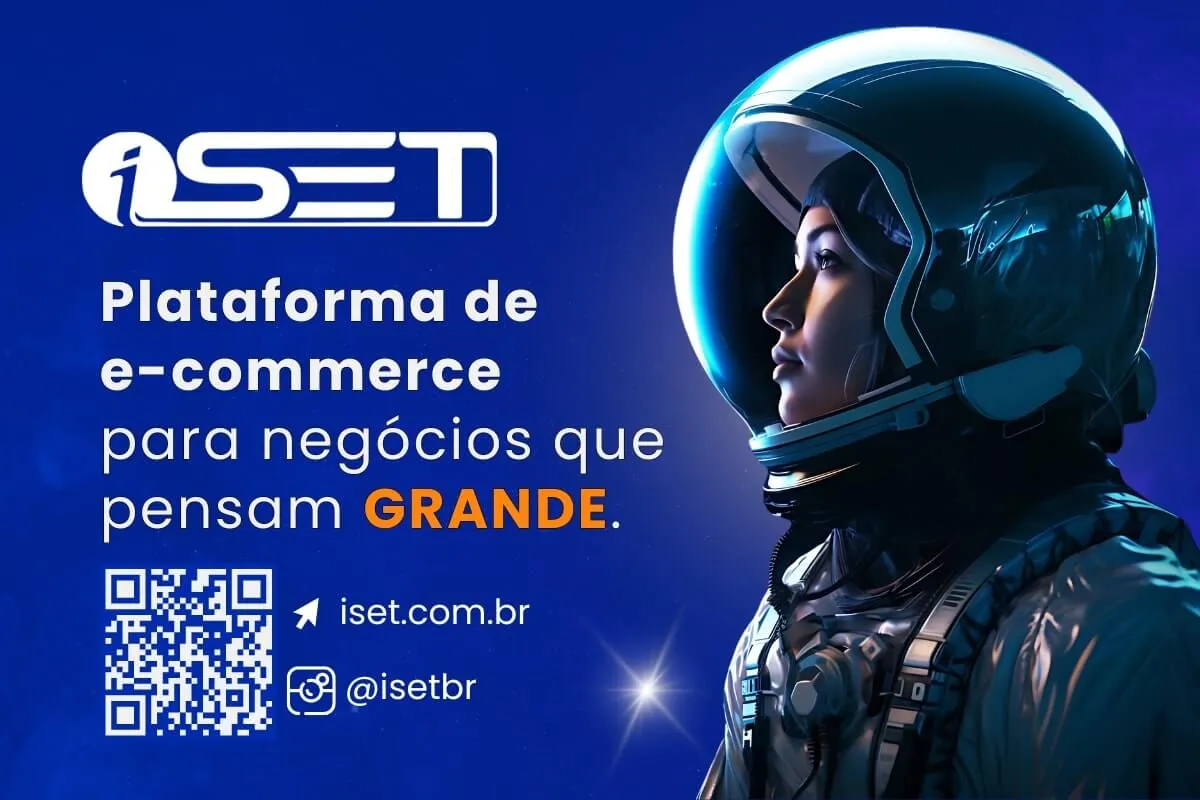Mulher com rouba de astronauta ao lado de texto sobre a participação da iSET no Fórum E-Commerce Brasil 2024