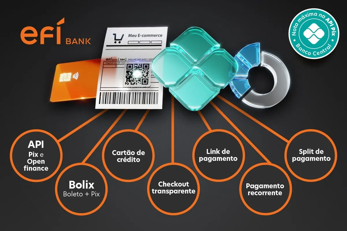 Soluções de pagamento representados por ícones com bullet points saindo demostrando as soluções da empresa Efí Bank