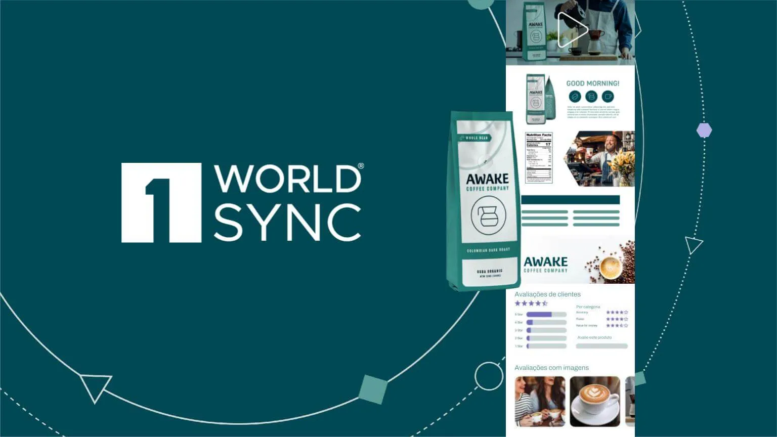 Nome da empresa 1WorldSync ao lado de celular com vitrine virtual de produtos