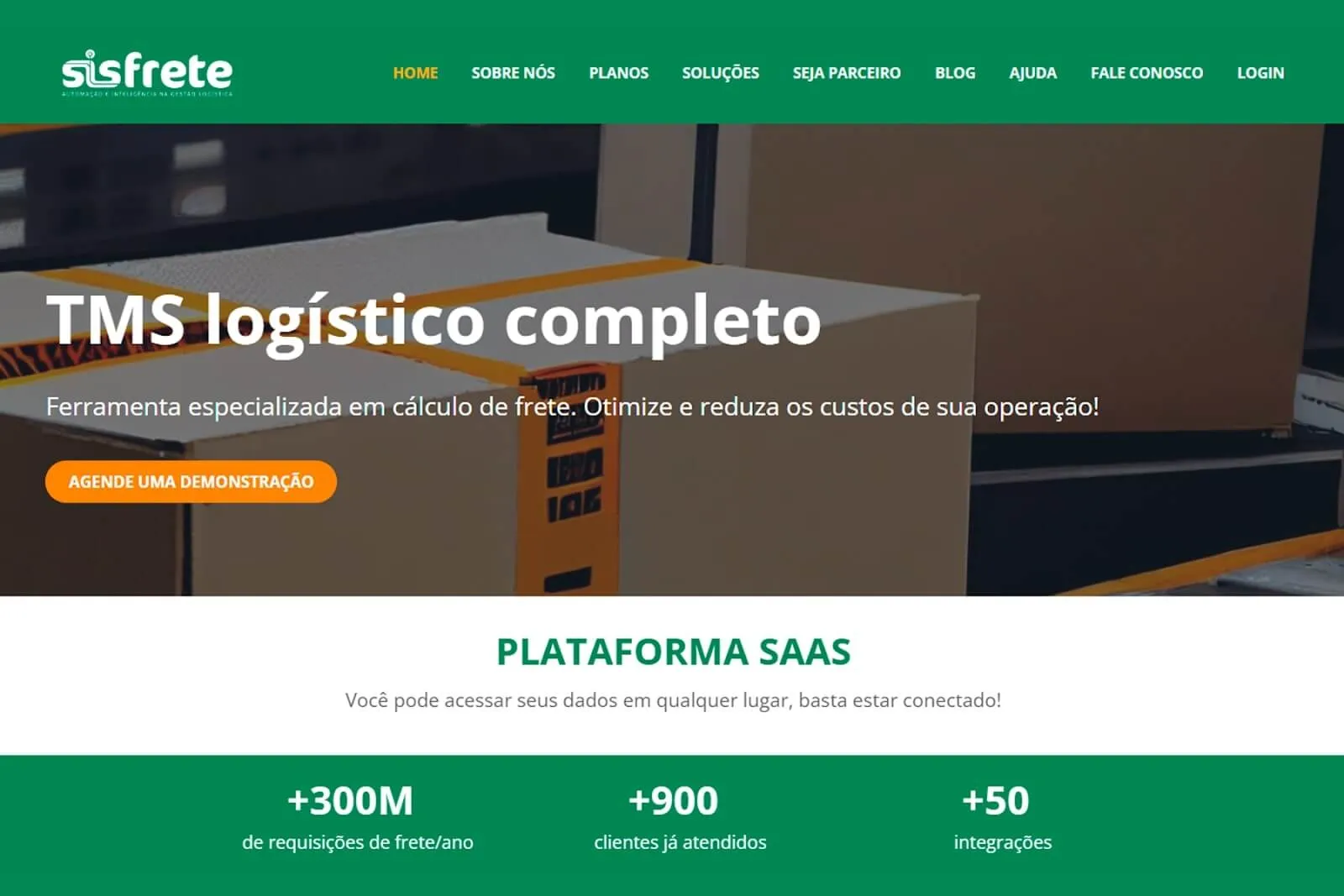 Caixa de papelão no fundo de um texto descritivo sobre o site da empresa Sisfrete