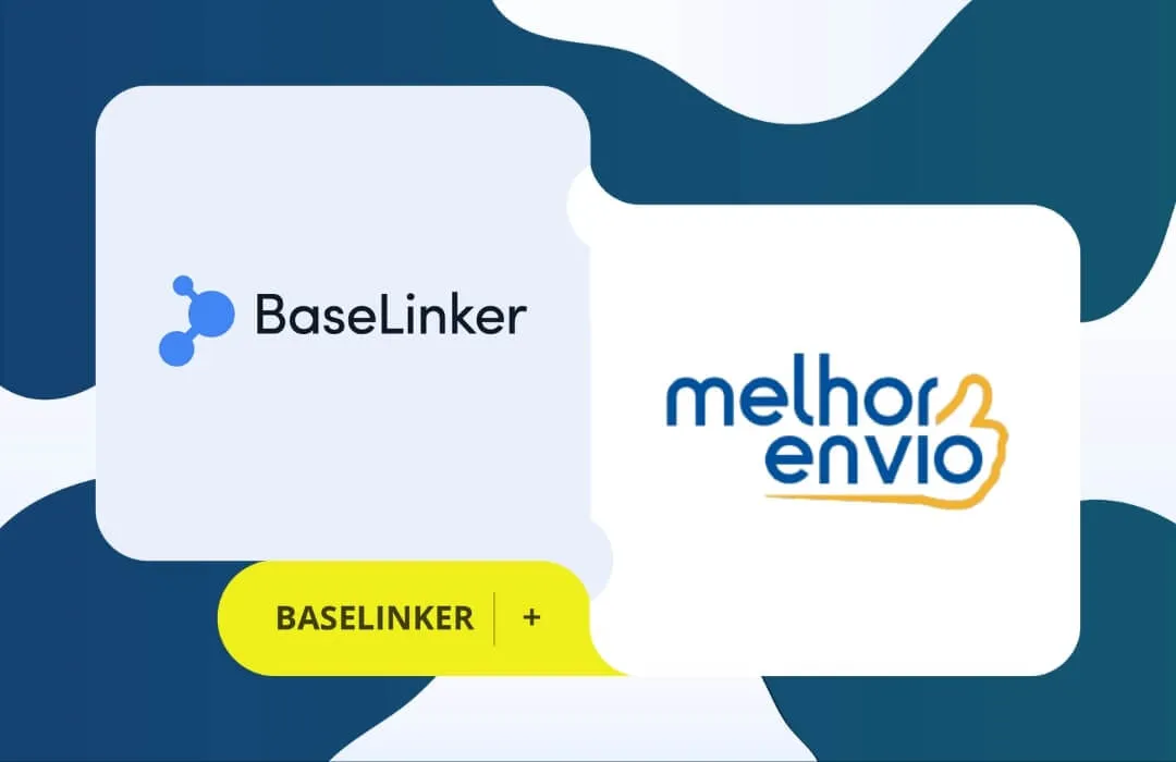 Logo da empresa Baselinker (três bolinhas conectadas) e logo da Melhor Envio (nome da marca e contorno no nome)