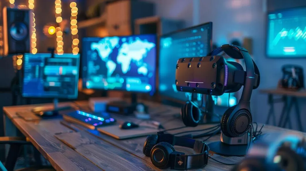 Setup de videogame em sala de escritório com telas azuis, óculos de realidade virtual e controle de games