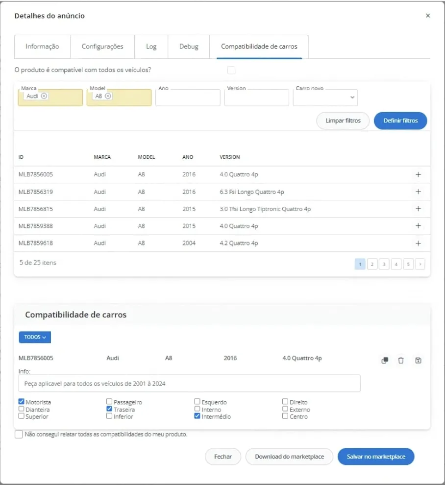 Módulo no painel da BaseLinker com a funcionalidade de compatibilidade de autoparts