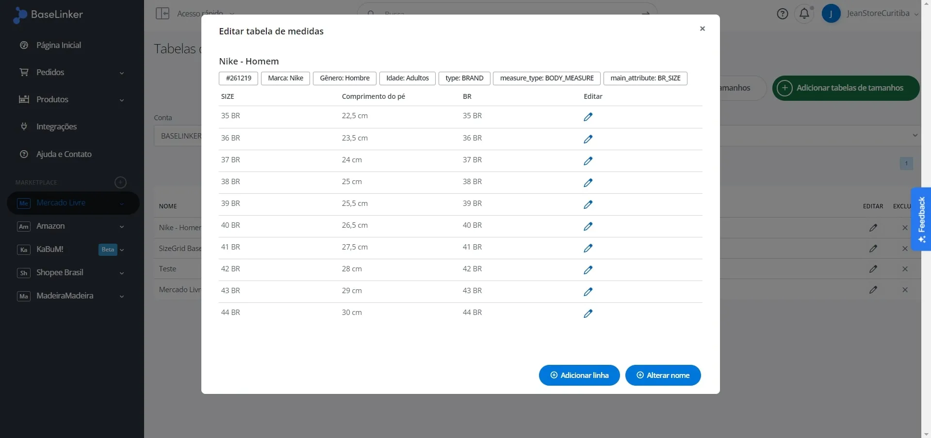 Painel da BaseLinker com o módulo de gestão de tabela de medidas