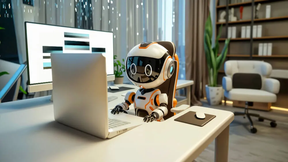 Robo pequeno, preto e laranja, trabalhado em computador em mesa de escritório