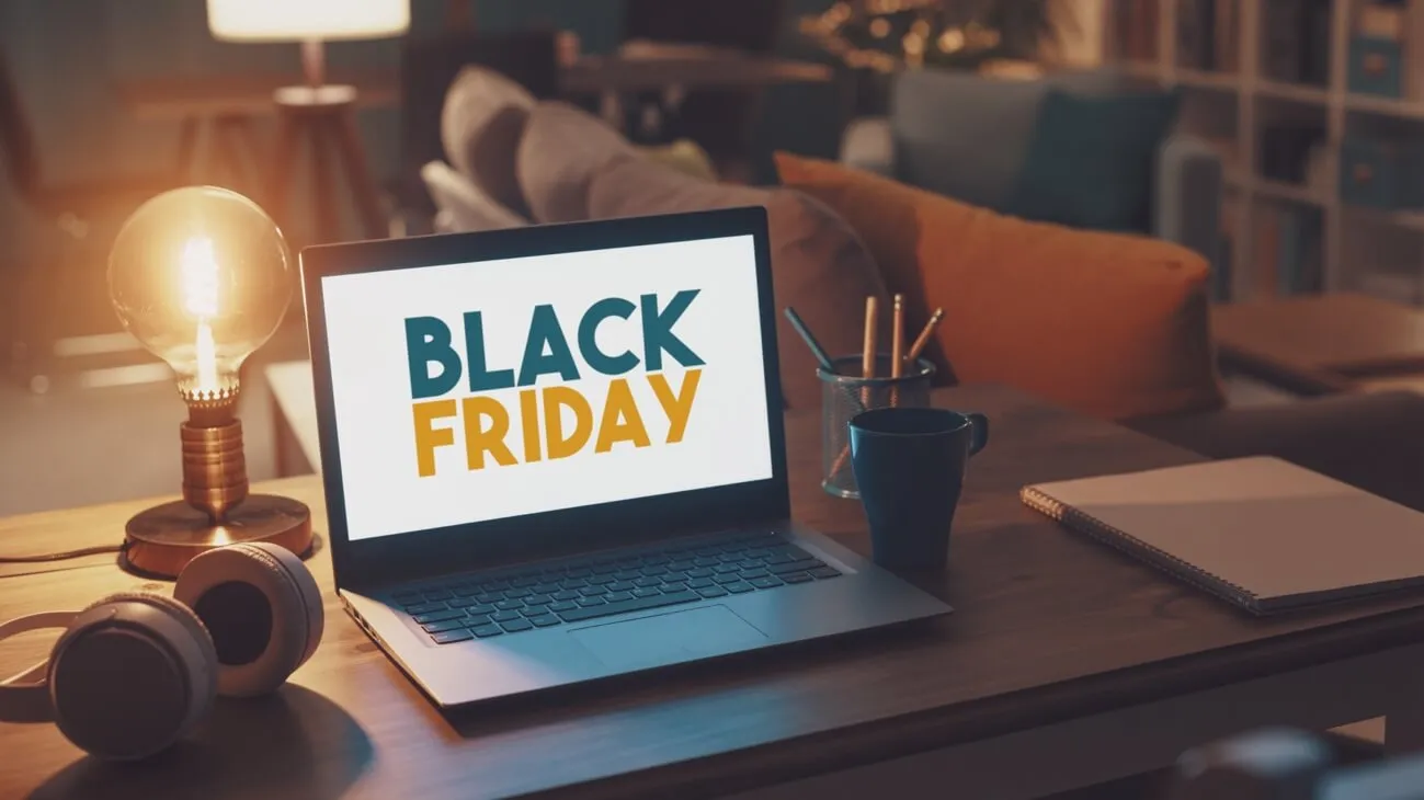 Computador em cima de mesa de escritório com Black Friday escrito na tela