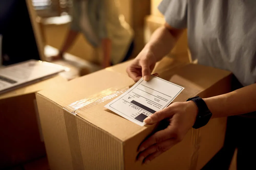 Mulher etiquetando caixa de papelão para entrega