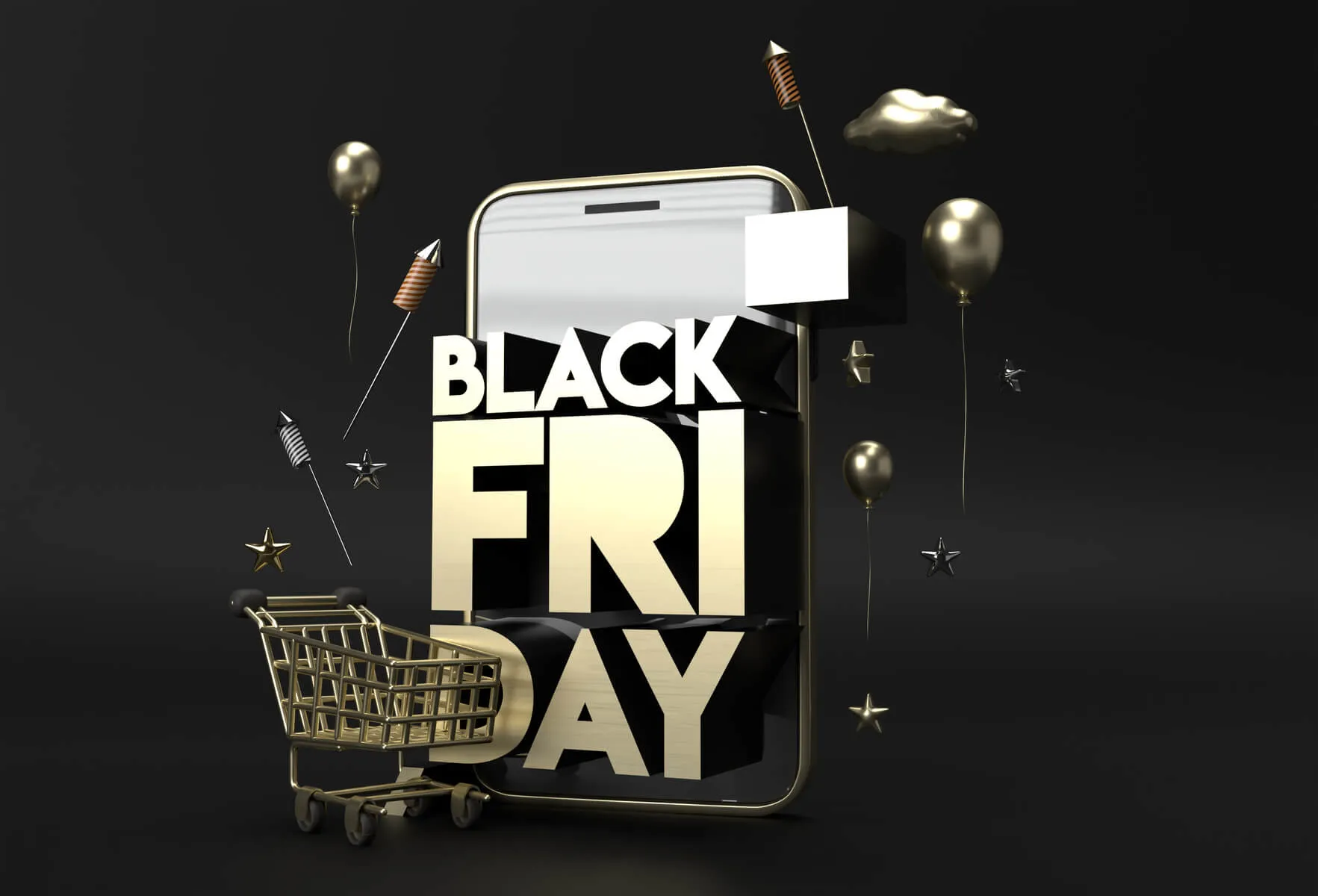 Template de celular com Black Friday escrito e carrinho de compras na frente
