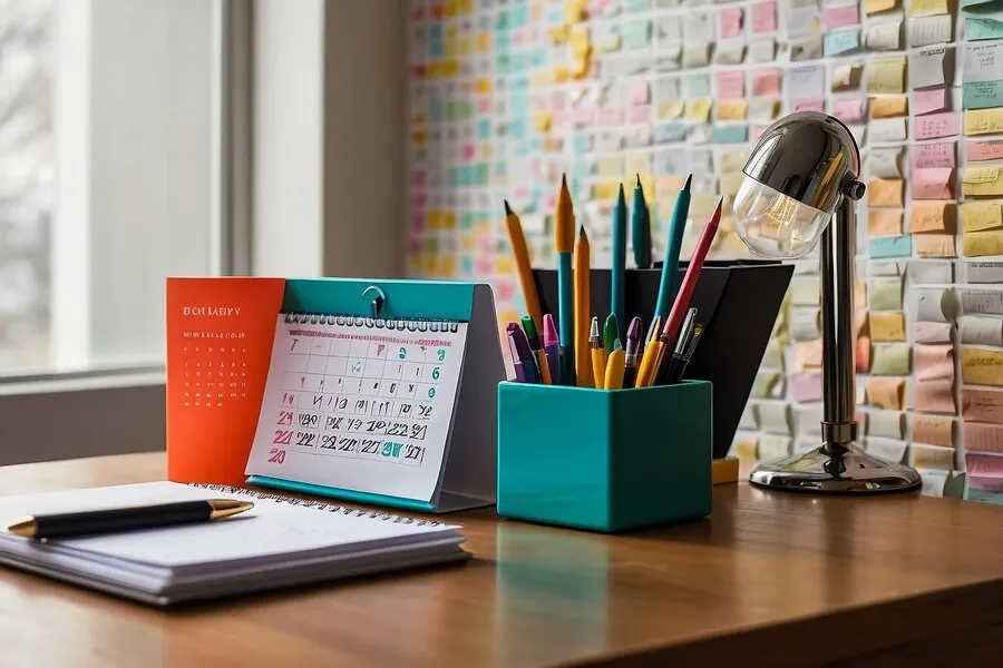 Mesa de escritório com calendário, porta lápis, abajur e caderno