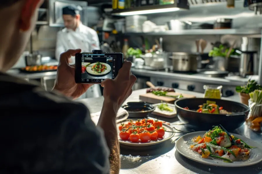 Chef de cozinha fotografando pratos diferentes em cozinha industrial