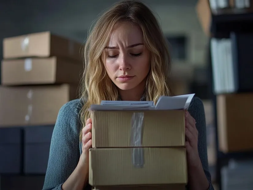 Mulher loira segurando caixas de papelão e olhando tristemente para papel