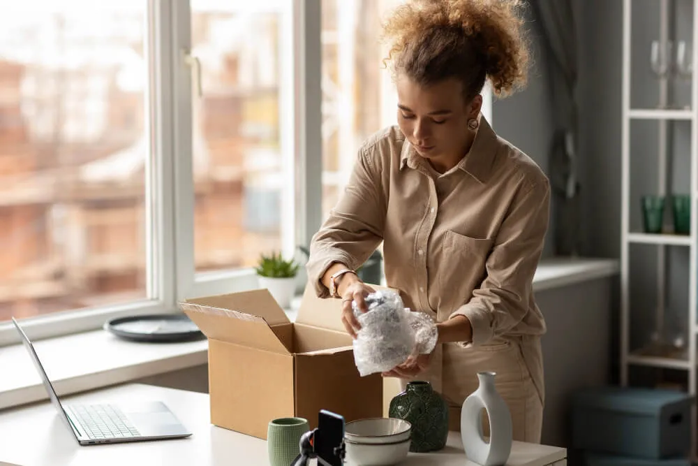 Mulher embalando produtos de vidro em plástico bolha em sua mesa de escritório