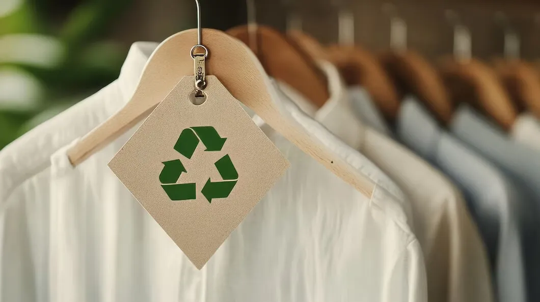 Fileira de camisas brancas penduradas com etiqueta de reciclagem