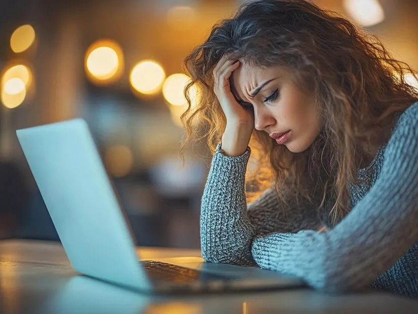 Mulher loira usando sueter azul claro em frente ao computador com cara de frustração