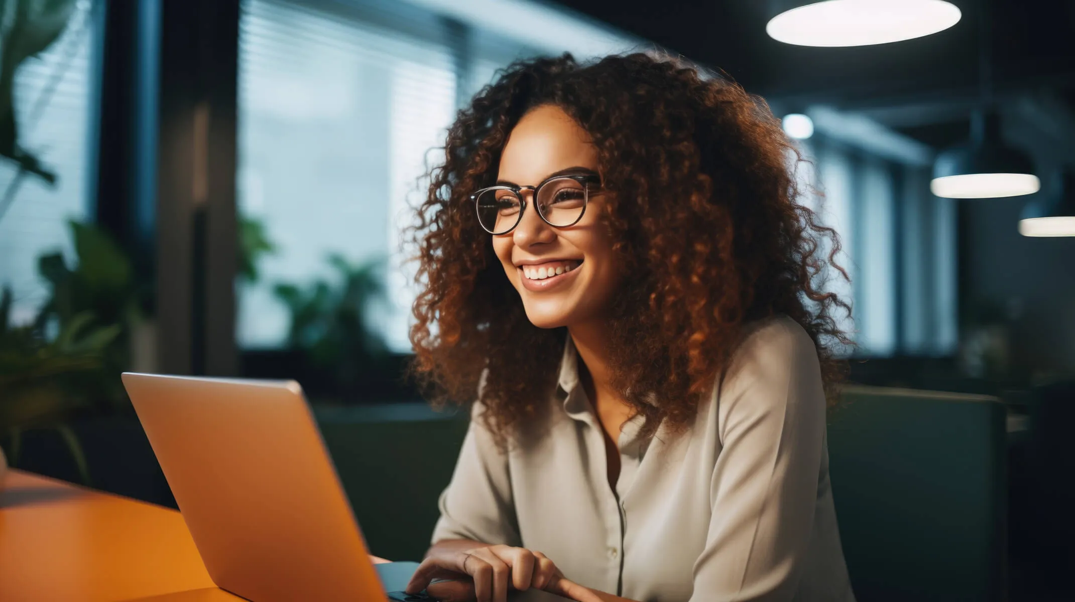 Mulher de cabelo cacheado e óculos olhando e sorrindo para tela do computador