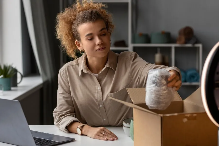 Jovem mulher organizando produtos em caixas de papelão para sua loja online
