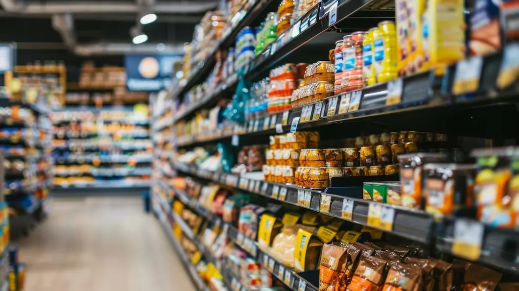 Gondola de supermercado com produtos diversos na plateleira