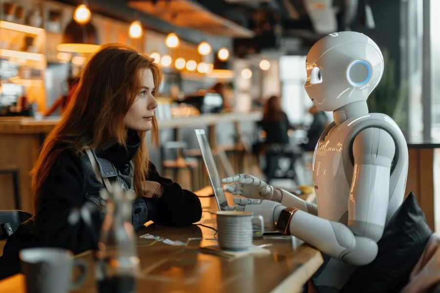 Mulher conversando com robo para receber atendimento em cafeteria