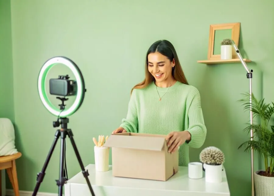 Mulher usando blusa verde claro gravando video de unboxing com tipre e celular