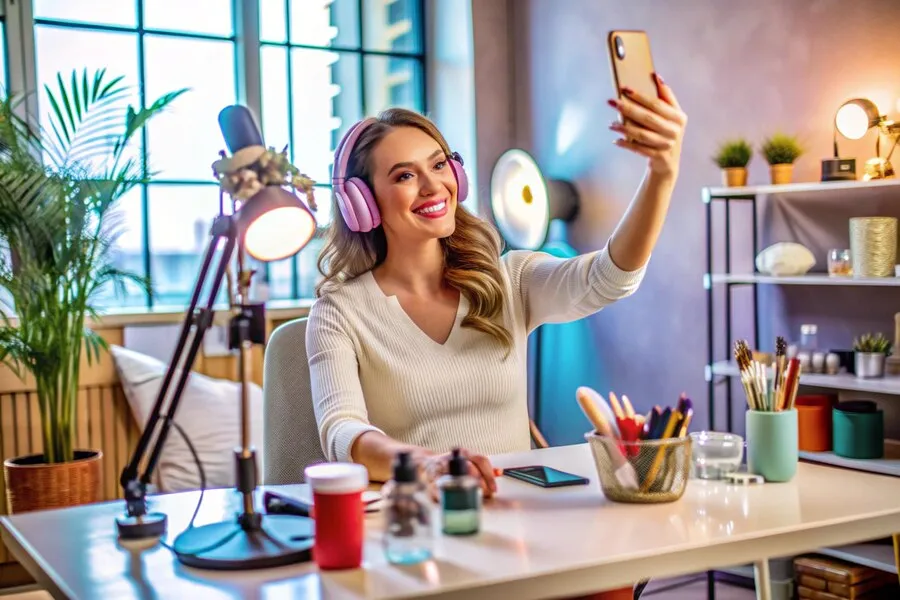 Influenciadora digital em studio de gravação com telefone em mãos e mesa com produtos de beleza