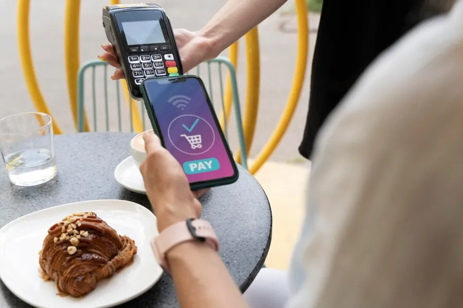 Mulher pagando cafeteria com aproximação do celular em maquinhia de pagamento