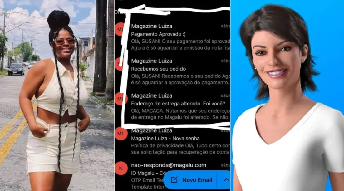 Três imagens colocadas lado a lado com uma mulher negra, um print de e-mail e a magalu