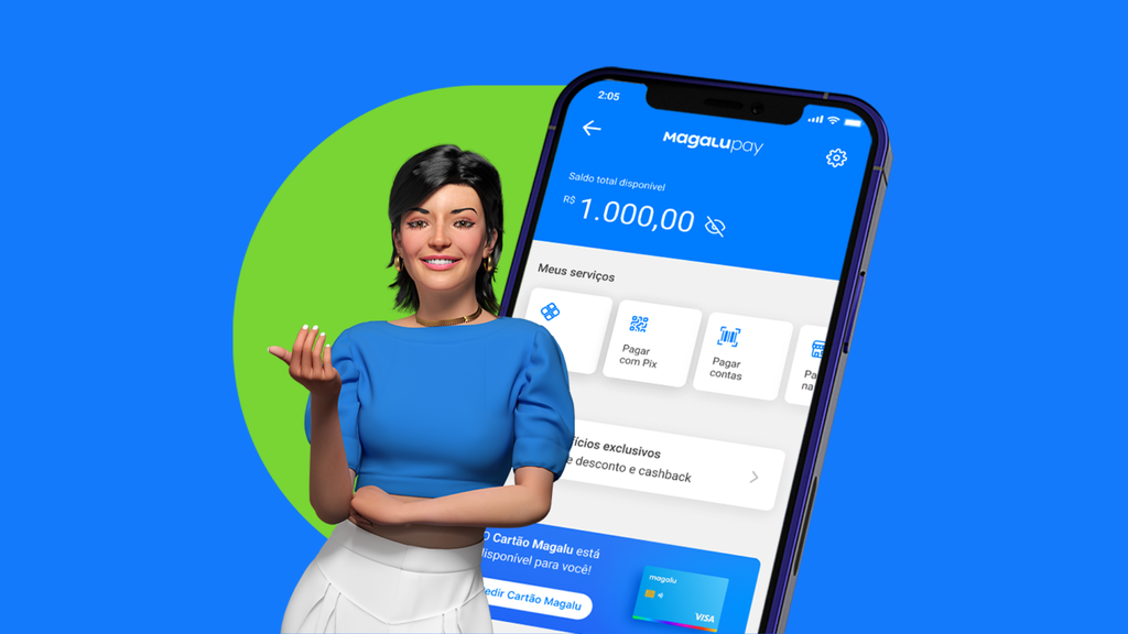 Magalu em frente a um smartphone com a tela do Magalupay aberta