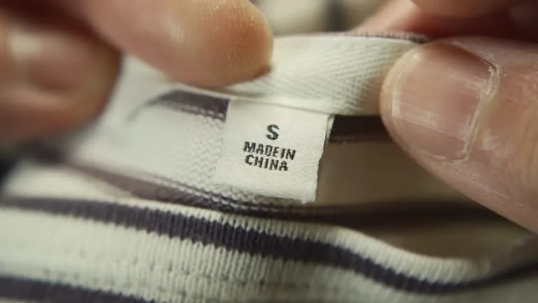 Etiqueta de roupa “s made in china” costurada em tecido listrado segurada pelas pontas pelos dedos.