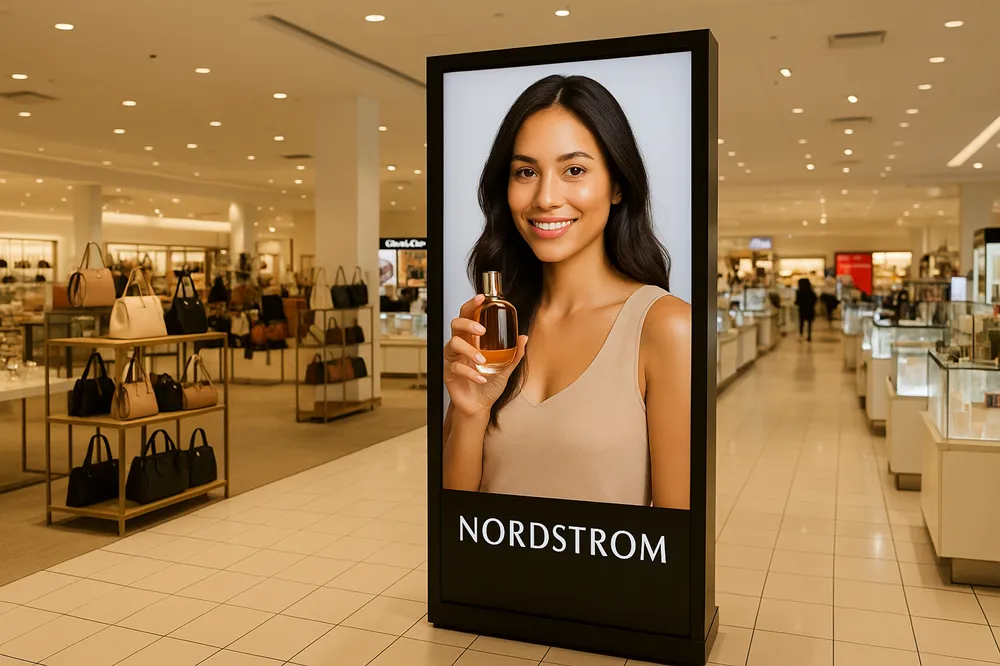 Mulher sorridente segurando um frasco de perfume em um display digital no interior da loja Nordstrom.