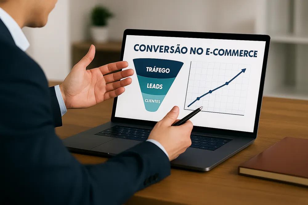 Homem analisa funil de conversão e gráfico de crescimento no notebook em ambiente corporativo.
