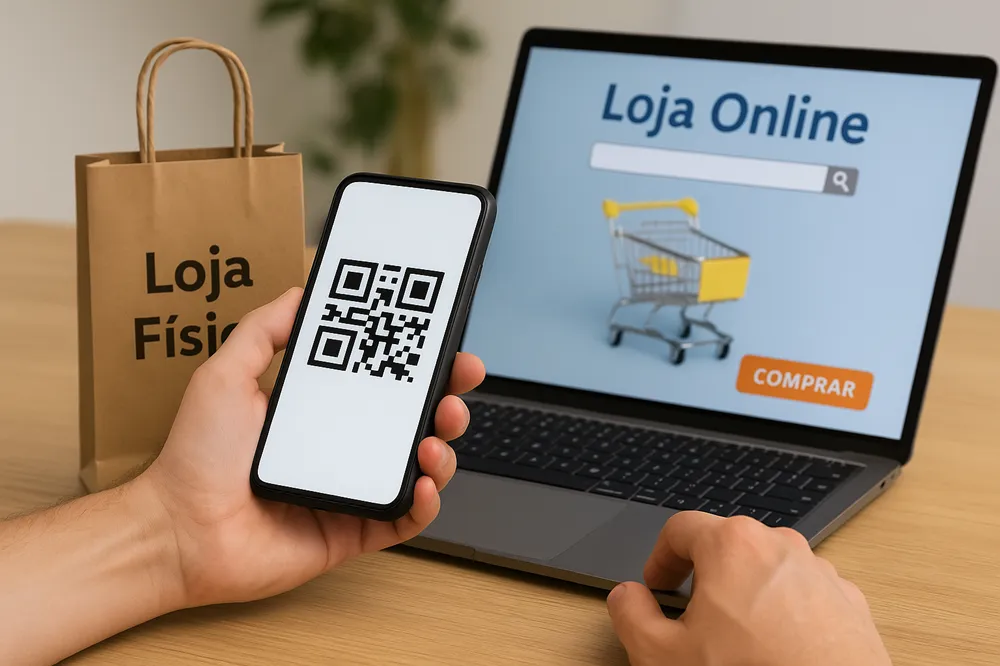 Integração entre loja física e online com celular, notebook e sacola.
