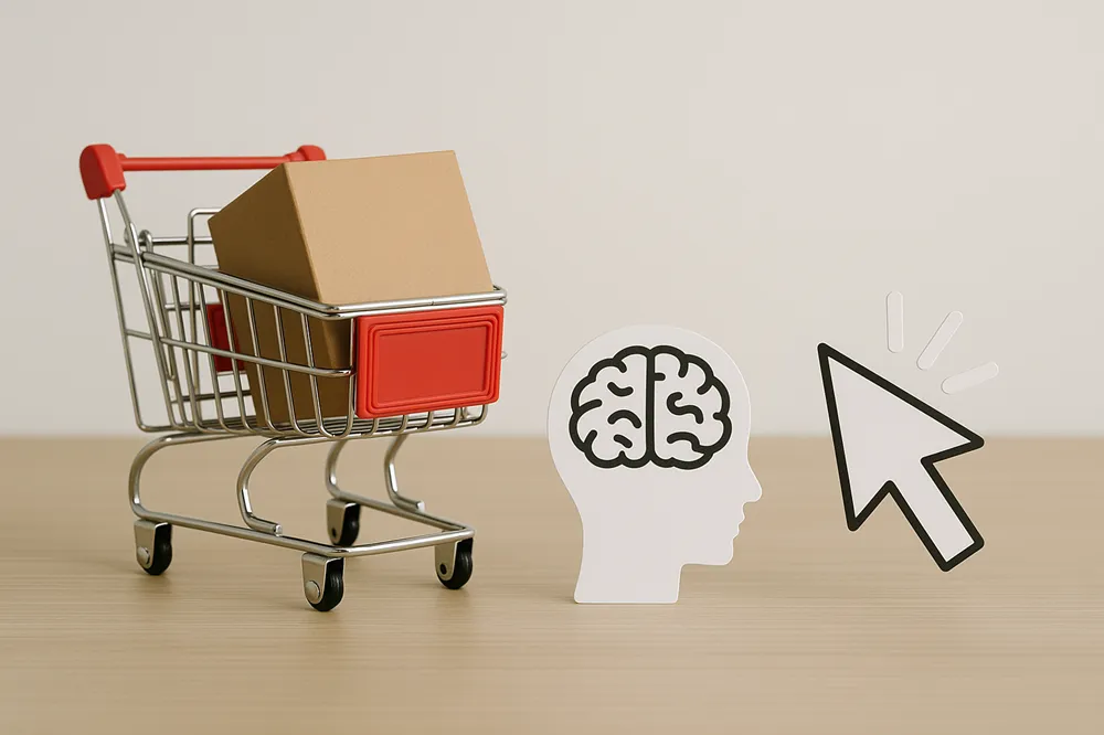 Imagem com carrinho de compras, cabeça com cérebro desenhado e ícone de clique.