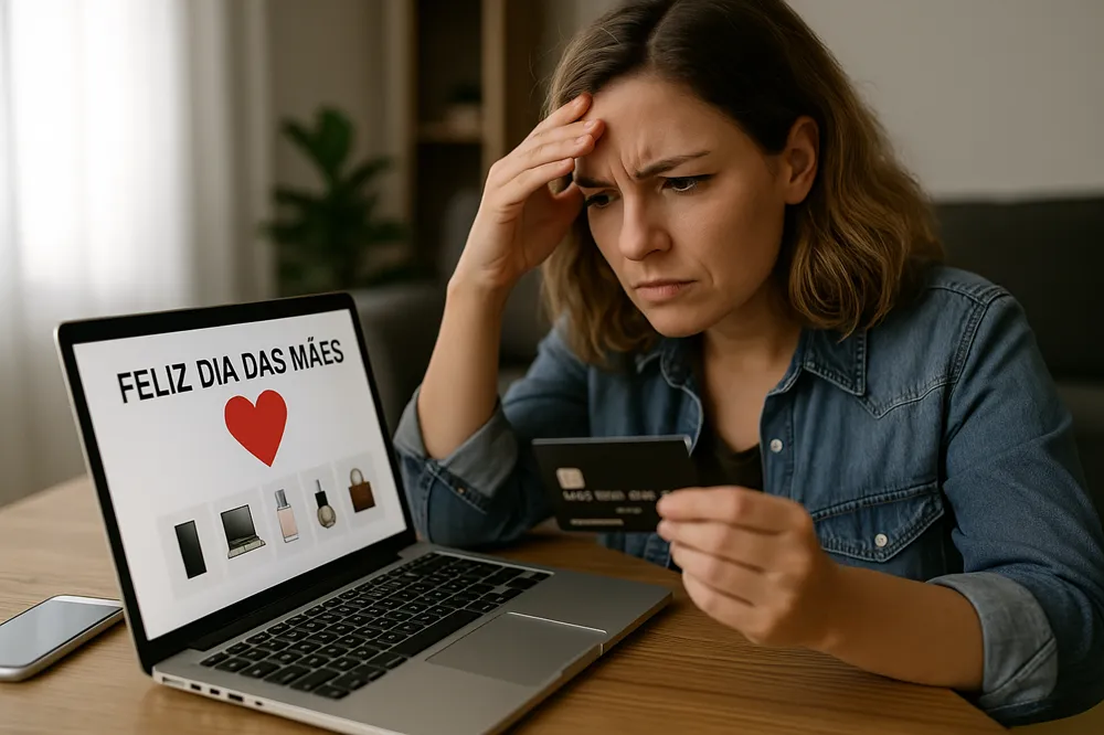 Mulher preocupada segura cartão de crédito enquanto faz compras online para o Dia das Mães em um notebook.