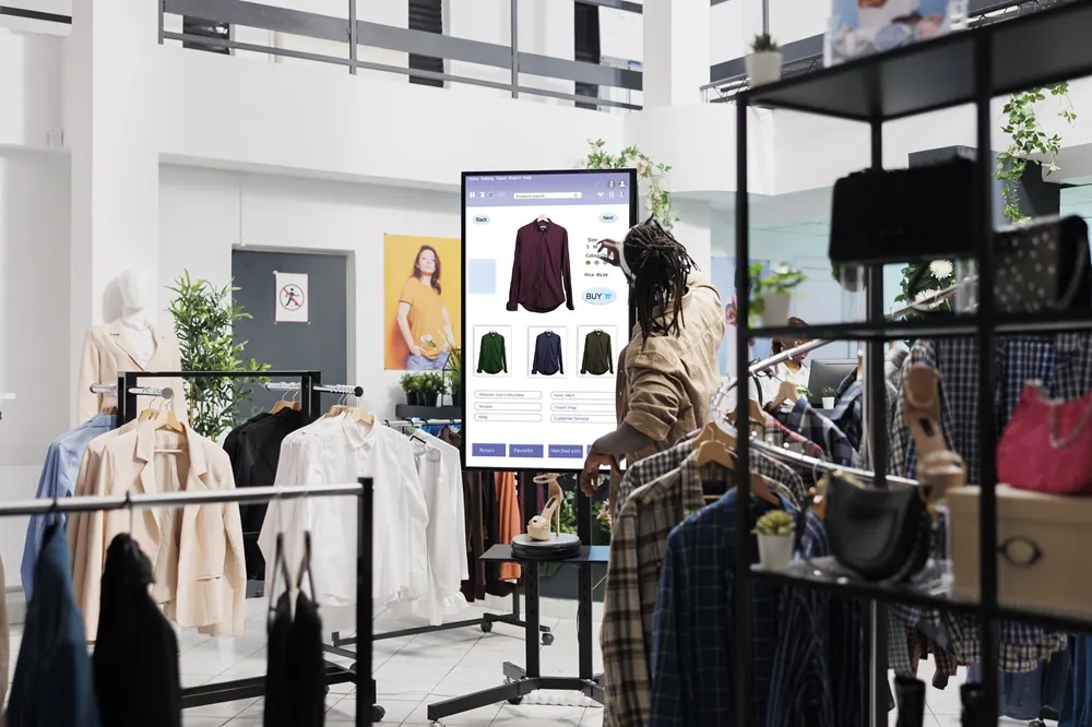 Pessoa em loja de roupas usando tela digital com opções de compra online.