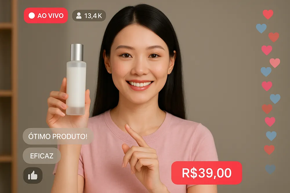 Mulher asiática sorridente apresenta um frasco de cosmético durante uma live, com comentários e reações virtuais na tela.