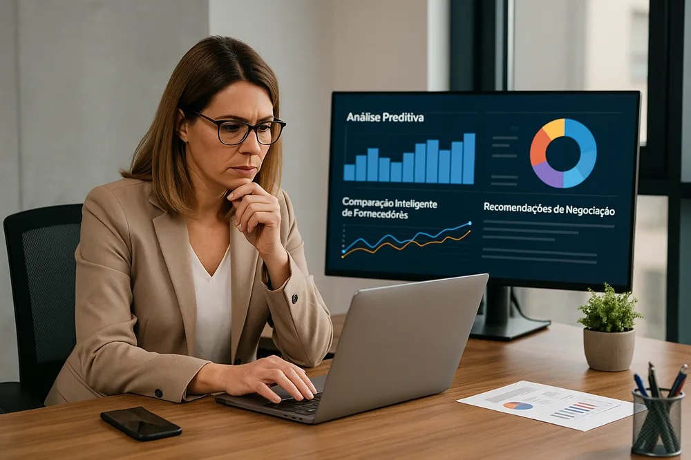 Executiva trabalha no notebook enquanto analisa gráficos de marketing e dados preditivos em um monitor no escritório.