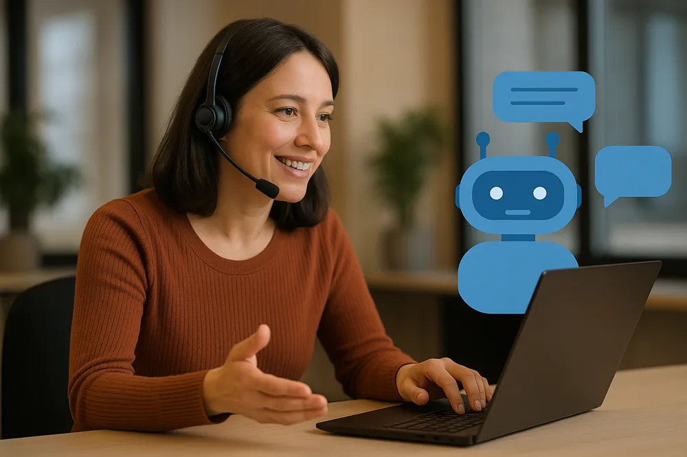 Mulher com headset atende no notebook ao lado de um chatbot ilustrado.