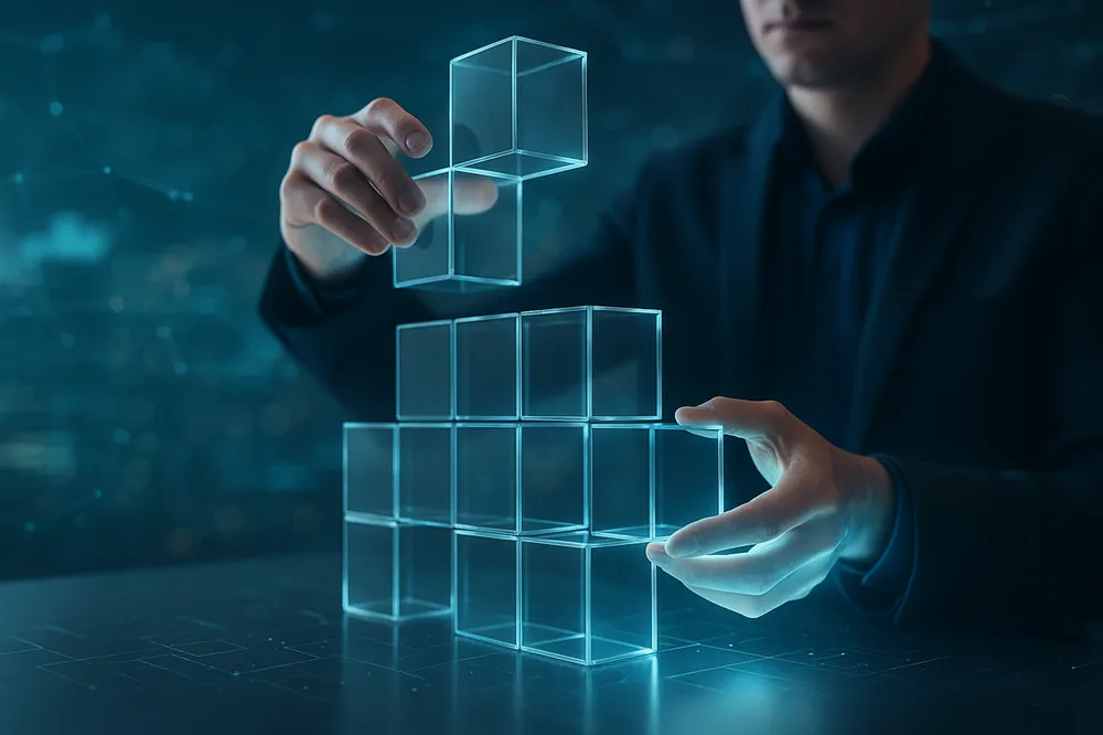 Homem encaixa cubos translúcidos em cenário digital, simbolizando integração tecnológica, inovação e arquitetura componível.