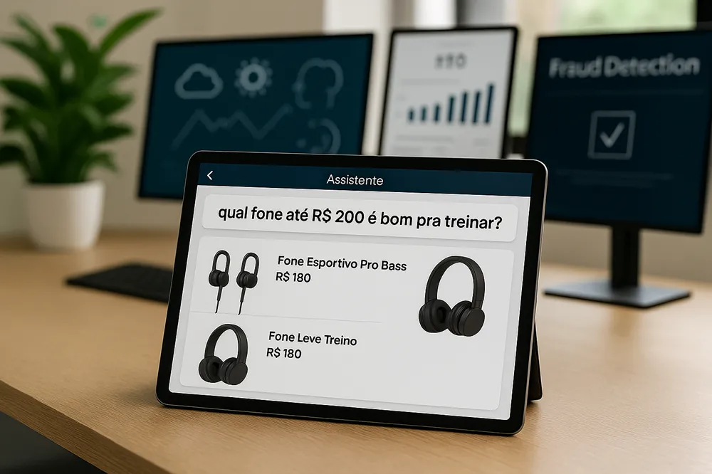 Tablet exibindo assistente de IA com dois modelos de fones de ouvido e preços, em ambiente de escritório com monitores ao fundo.