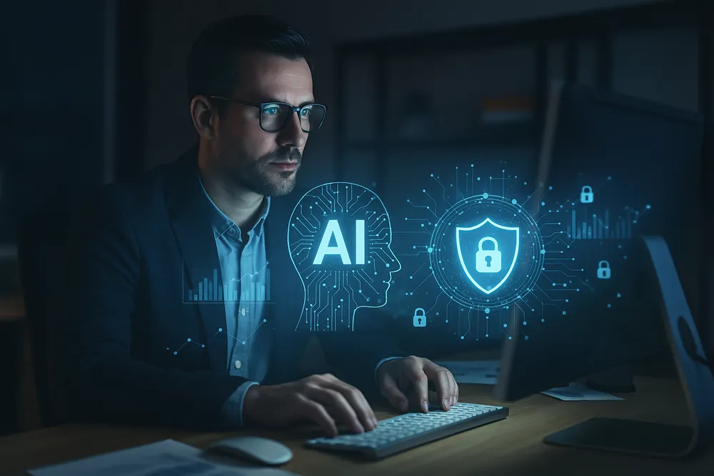 Homem no computador com ícones digitais de IA e segurança cibernética à sua frente.