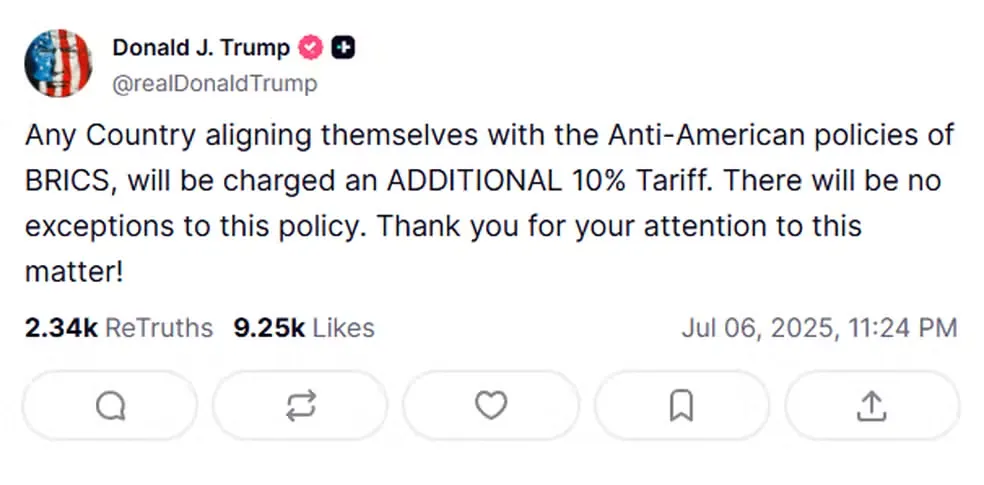 Trump anuncia tarifa adicional de 10% para 'qualquer país que se alinhar às políticas antiamericanas do Brics'