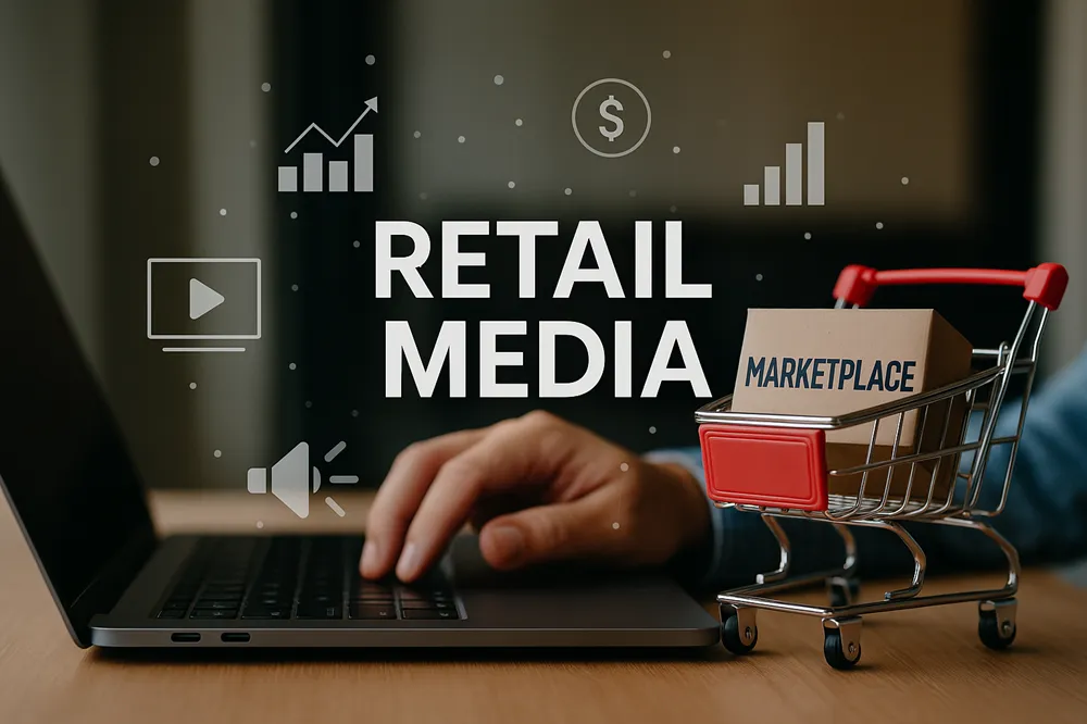 Notebook, carrinho de compras com caixa "Marketplace" e sobreposição gráfica com o texto "Retail Media".