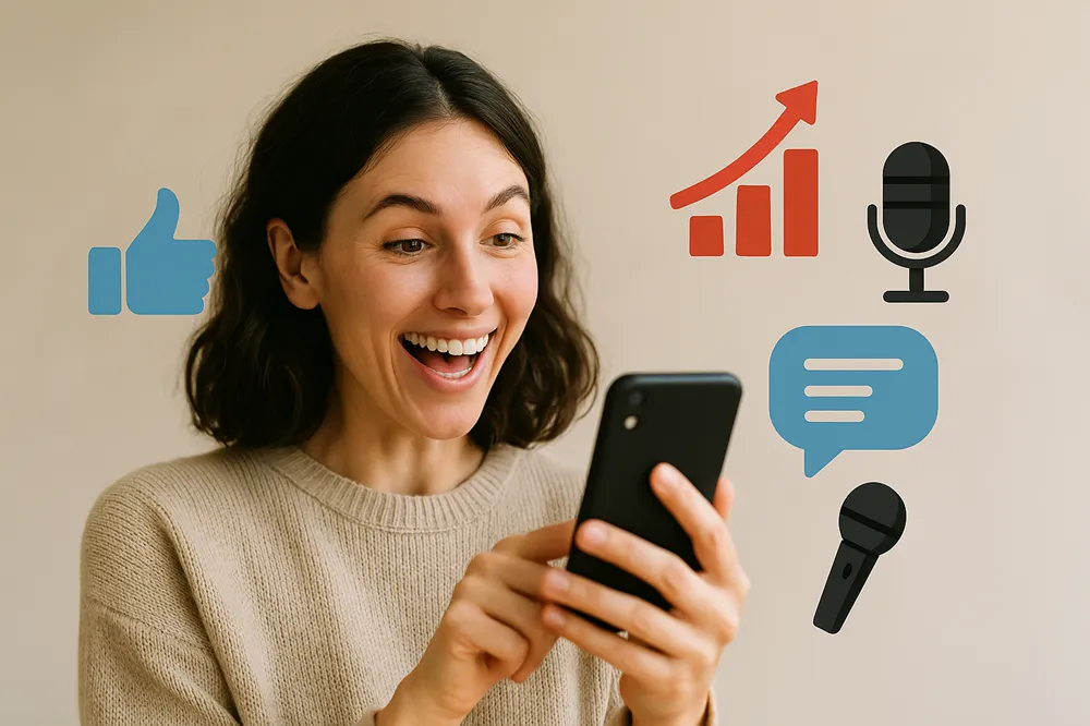 Mulher sorrindo com celular, cercada por ícones de engajamento digital.