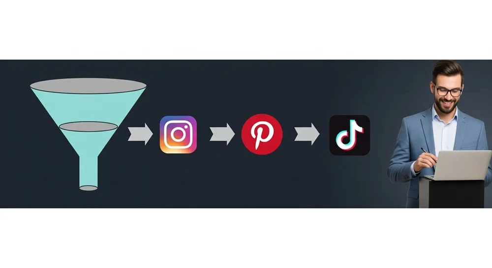 Funil de vendas direcionando conteúdo para Instagram, Pinterest e TikTok, com um homem sorrindo ao laptop.